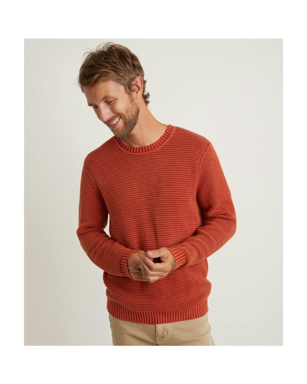Marine Layer Garment Dye Crew Sweater Amber Brown Rust 100% Cotton Sz L